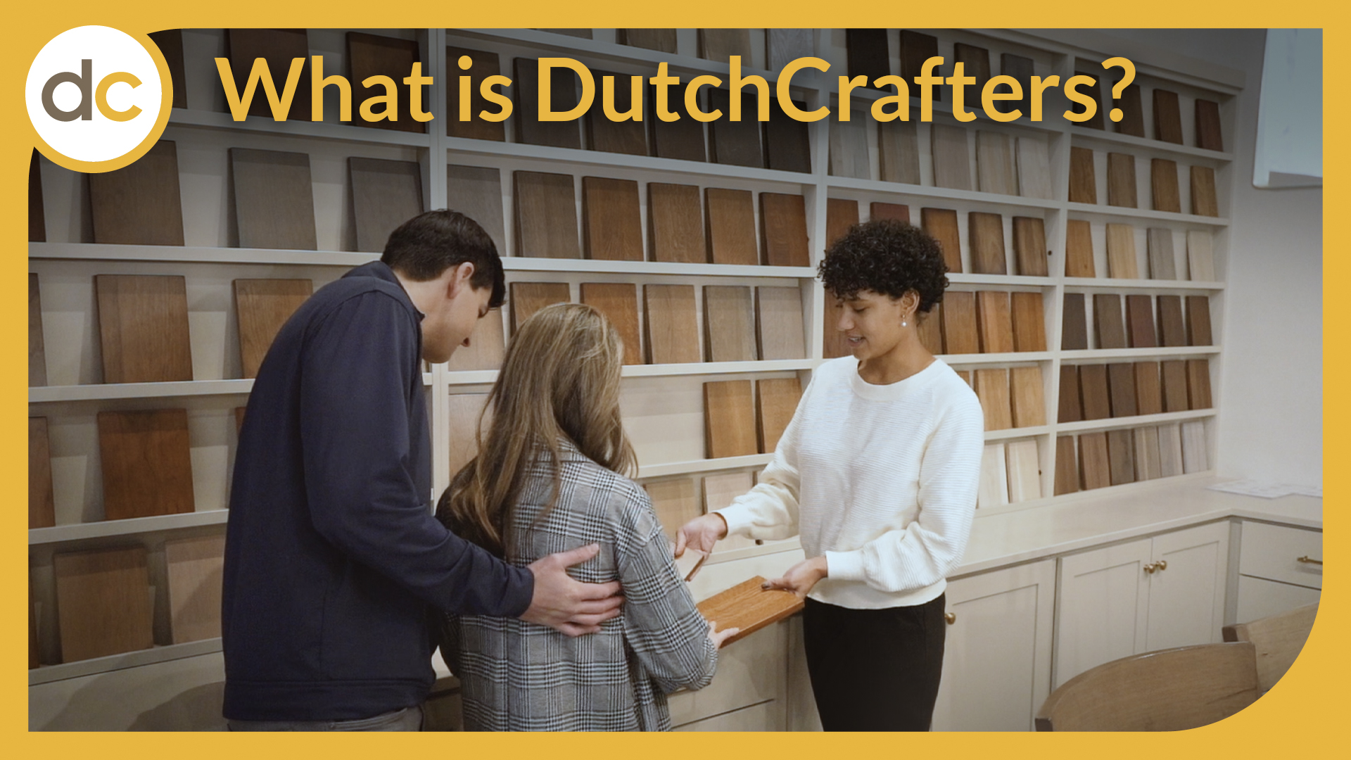Customers view custom wood options at DutchCrafters with title, "What is DutchCrafters?"